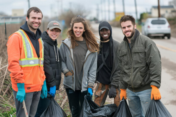 A group of people are standing on the side of the road, holding trash bags and smiling. They seem to be enjoying their time together while cleaning up the area